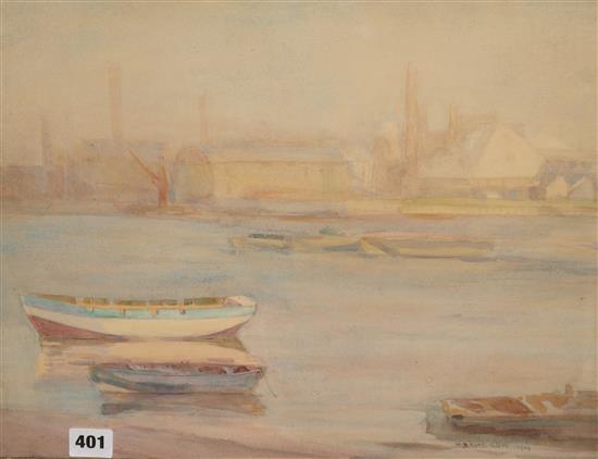 M. Bruce Low Harbour scene 13.5 x 17in., Rowley Gallery Frame